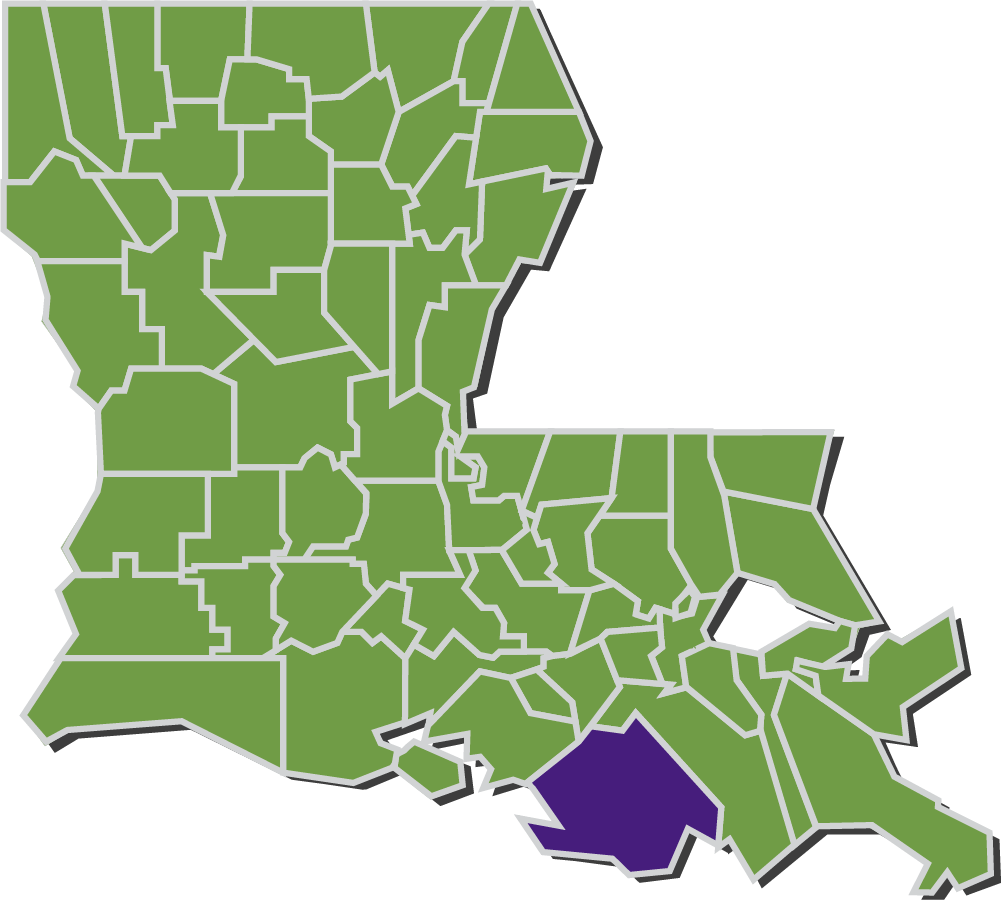 Map of Louisiana parishes with Terrebonne parish highlighted in purple.